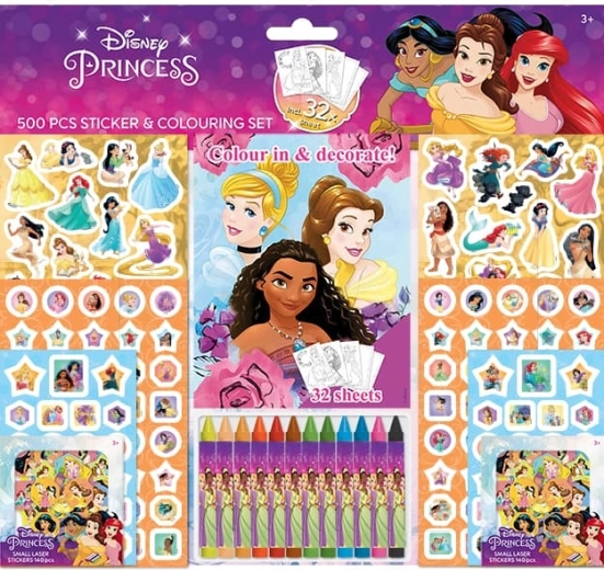 Disney Princezny samolepkový set s omalovánkami a voskovkami (500 ks)