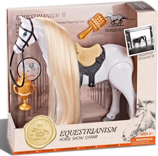 Jezdecký kůň bílý se zvuky s příslušenstvím Hipický šampion