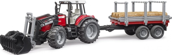 BRUDER traktor MASSEY FERGUSON 7480 s čelním nakladačem a přepravníkem na klády