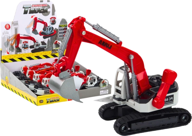 Kovový pásový bagr červeno-bílý s lopatou