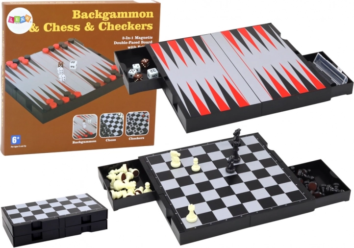 Magnetická stolní hra 3v1 – šachy, dáma a backgammon