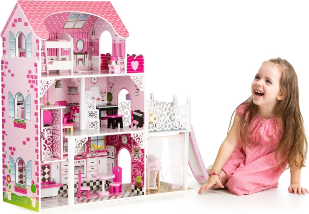 Dřevěný domeček pro panenky se skluzavkou