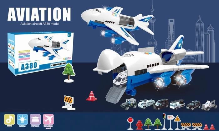 Letadlo A380 s policejními auty a světelnými a zvukovými efekty