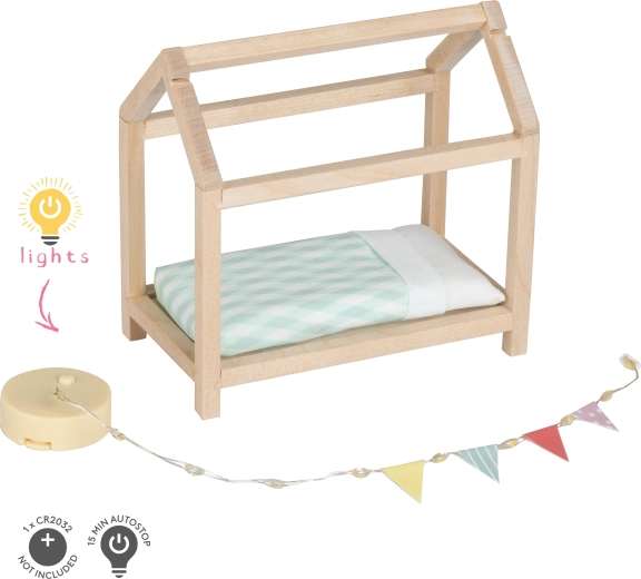 Lundby dřevěná postel ve tvaru domečku s osvětlením pro domeček pro panenky