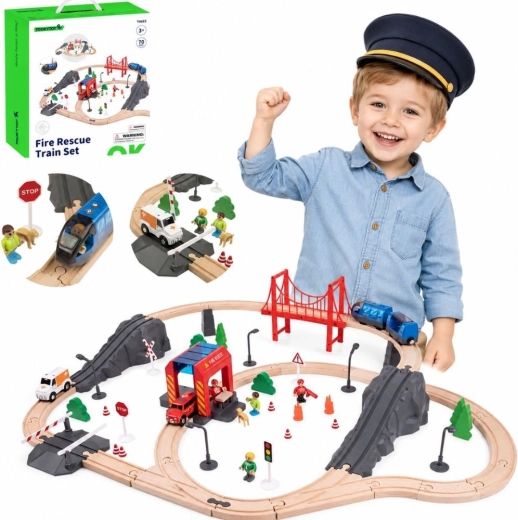 Tooky Toy dřevěná elektrická vláčkodráha s hasičskou stanicí a zvukovými efekty, 70 dílů, FSC