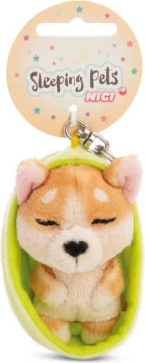 Nici klíčenka spící pejsek Welsh Corgi 12 cm se zeleným pouzdrem