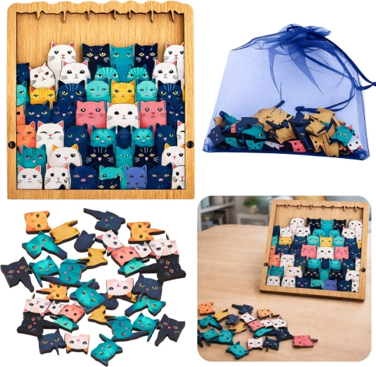 Dřevěné puzzle koťátka – edukativní logická skládačka s rámem a sáčkem, 62 dílků