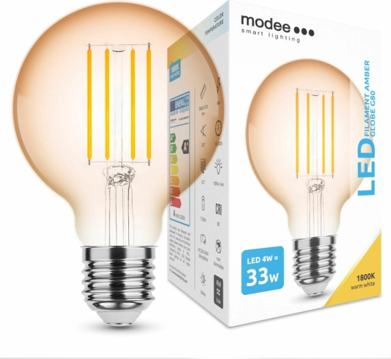 Modee LED filamentová žárovka Amber Globe G80 4W E27, 360 lm, teplá bílá