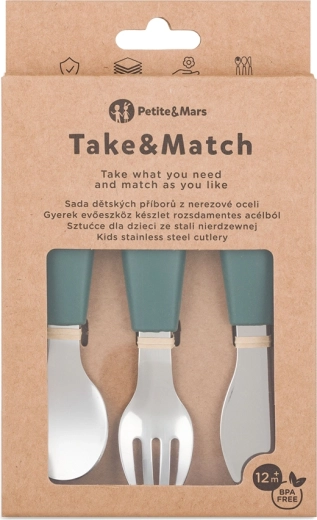 Petite&Mars sada dětského příboru z nerezové oceli Take&Match Misty Green 12m+