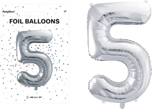 Fóliový balón číslo 5 stříbrný 86 cm