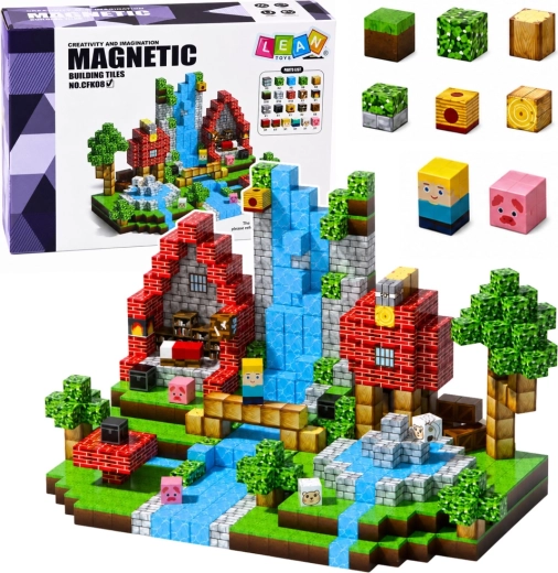 Magnetické kostky – pixelový fantasy svět les a vodopád 3D (100 dílků)