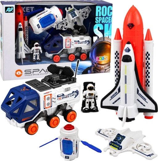 Kosmická sada s raketou, raketoplánem, satelitem, dronem, astronautem a vozítkem