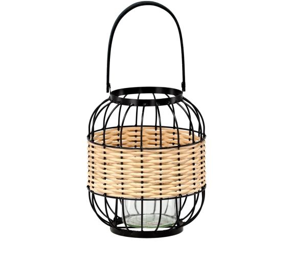 Kovovo-dřevěný lampion se skleněnou vložkou, výška 24/39 cm