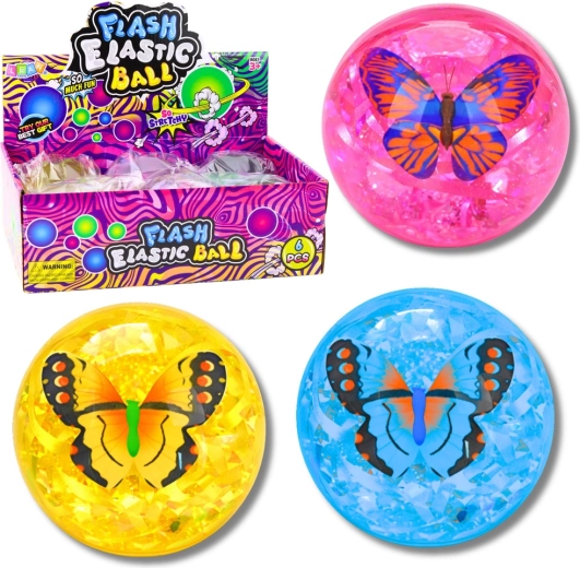 svítící skákací míček s konfety a motýlem 9 cm
