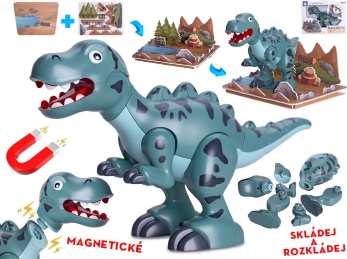 Magnetický dinosaurus T‑Rex 28 cm – interaktivní stavební figurky s doplňky
