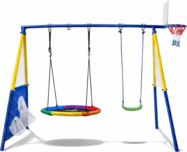 Zahradní dětské hřiště 4v1 s hnízdovou houpačkou a košem na basket