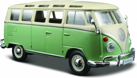 Kovový model Volkswagen Van Samba béžovo‑zelený 1:24