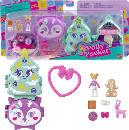 Mattel Polly Pocket vánoční propojitelný kompaktní herní set Holiday Connects stromek a sob - 2 ks