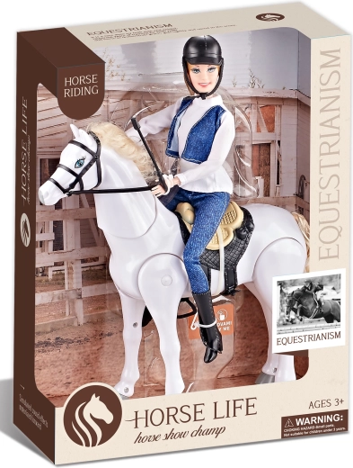 Jezdecký bílý kůň na baterie se zvuky a jezdkyní