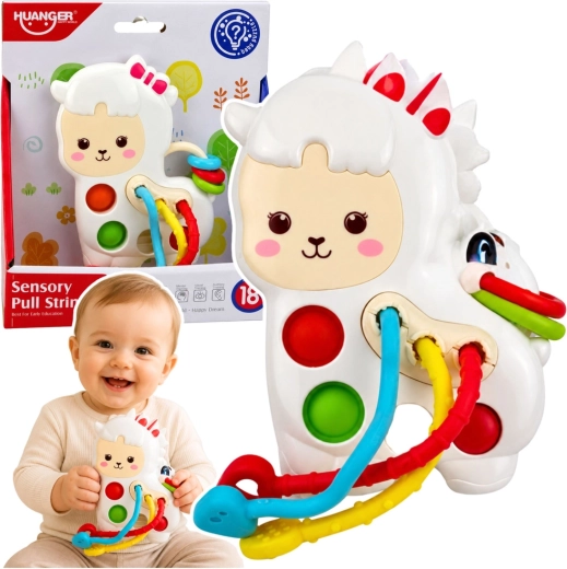 Sensory hračka pro miminka – lama se šňůrkami a pop-it tlačítky