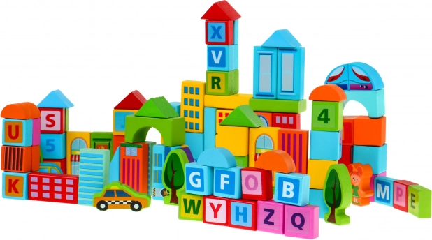 Dřevěné stavební kostky Město 100 dílů pro děti 3+