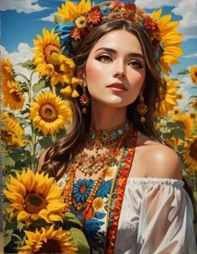 Diamantové malování Slovanka mezi slunečnicemi 30 × 40 cm