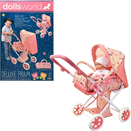 Dolls World luxusní skládací kočárek pro panenky s odnímatelnou korbičkou