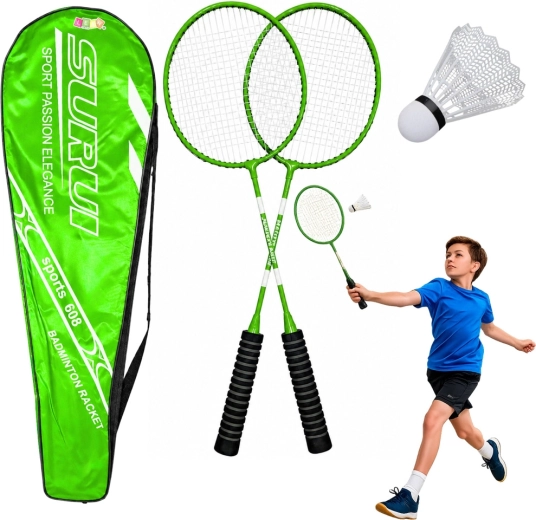 Zelený badmintonový set se 2 raketami, míčkem a pouzdrem