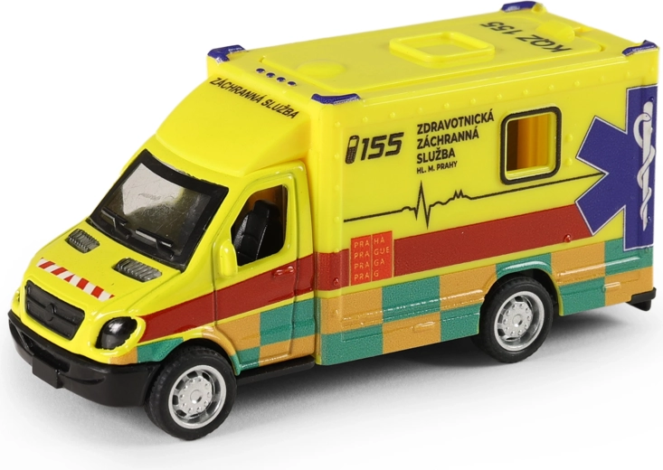 Kovová sanitka Zdravotnické záchranné služby Praha 10 cm s pohonem na zpětný setrvačník