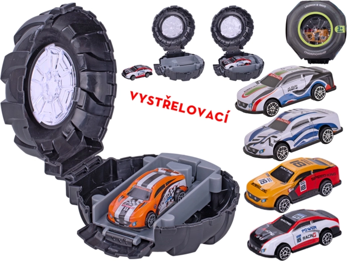 Kovové sportovní autíčko s vystřelovací pneumatikou 6,5 cm