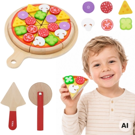 Viga dřevěná pizza sada na krájení a servírování pro děti 27 dílů 18m+