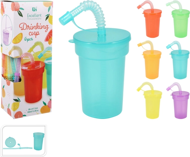 Plastový kelímek s víčkem a brčkem 380 ml, mix barev, sada 6 ks
