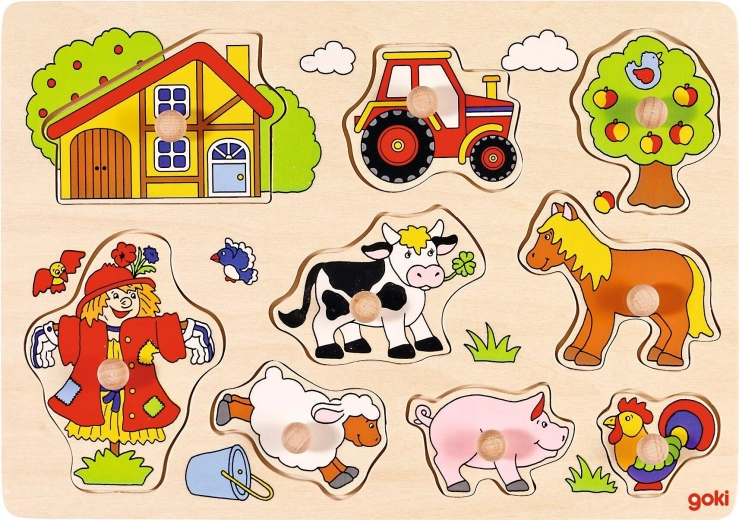 Vkládací dřevěné puzzle farma s úchyty