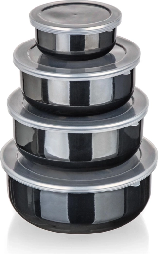 Sada smaltovaných misek s víky METALIC Black, 8 dílů