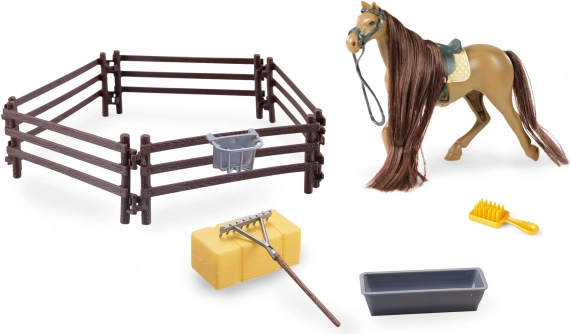 Hnědý kůň s příslušenstvím a ohradou 14 cm