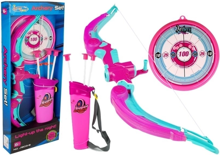 Dětský luk s terčem a 3 šípy s přísavkami – růžový, světelné efekty