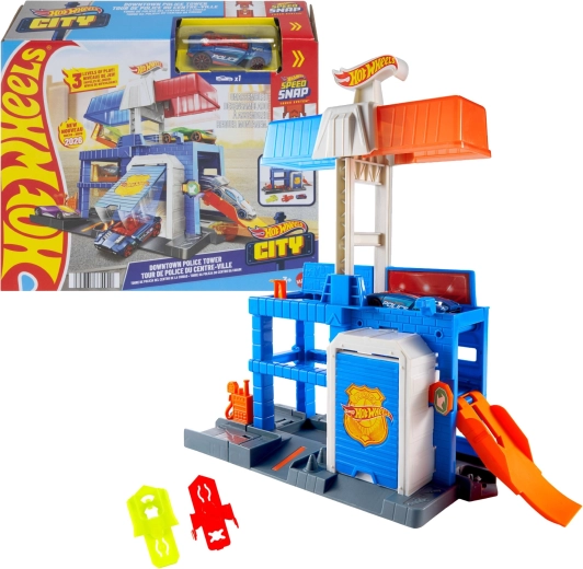Hot Wheels City policejní stanice – tříúrovňový set s kovovým policejním autem