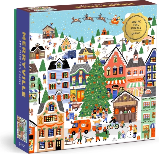 Galison metalické čtvercové puzzle zasněžené městečko, 500 dílků