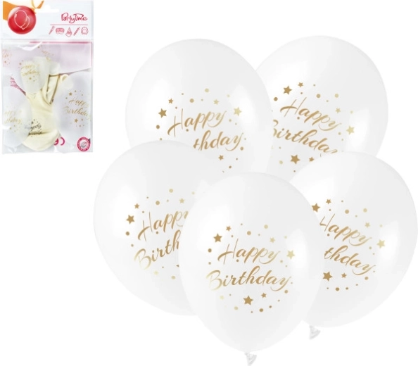 Latexové balonky Happy Birthday se zlatým potiskem 28 cm, 5 ks