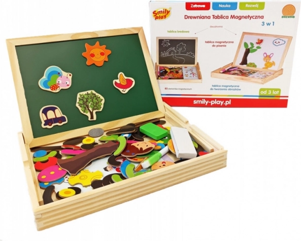 Dřevěná magnetická tabule 3 v 1 s 85 dílky