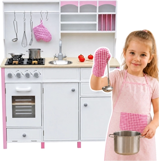 Dřevěná dětská kuchyňka Paula růžovo-bílá