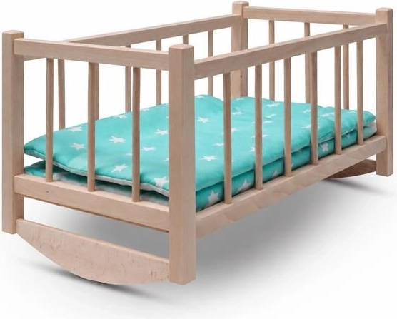 Baby Mix dřevěná kolébka/postýlka pro panenky s povlečením Stars Mint - 1 kus
