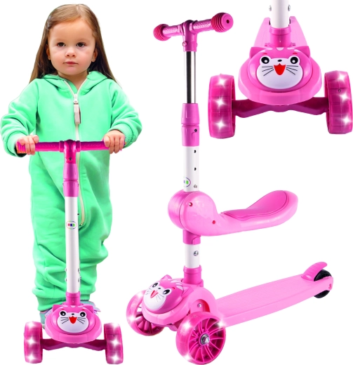 Tříkolová koloběžka Kotek se svítícími koly a sedátkem