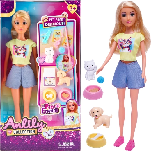 Panenka s kočkou, pejskem a miskami na krmení