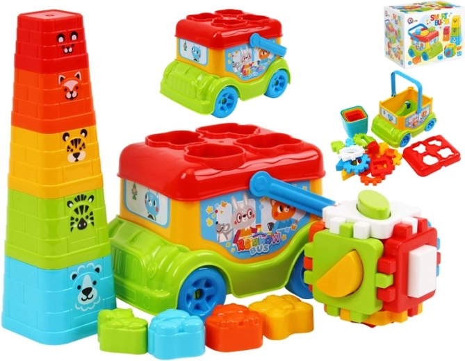 Autobus – vkládačka a skládací pyramida pro děti od 12 měsíců
