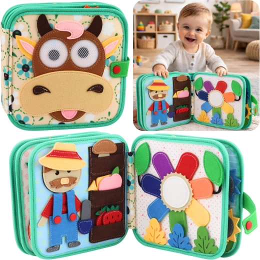 Filcová smyslová knížka – zvířátka z farmy s motivem kravičky