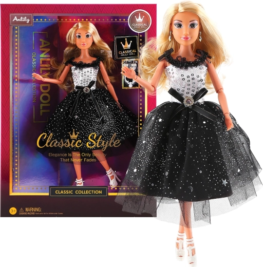 Módní panenka v černo‑bílých společenských šatech