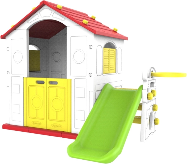 Dětský zahradní domek s červenou střechou, skluzavkou a basketbalem