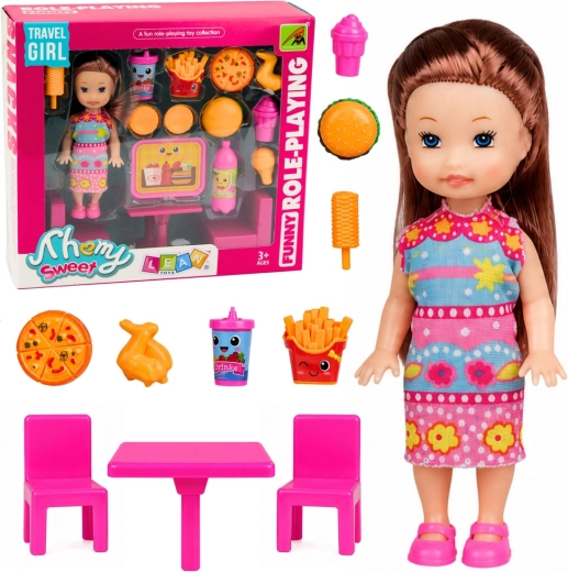 Mini panenka s fast food setem, stolek a 2 židle (11 cm)