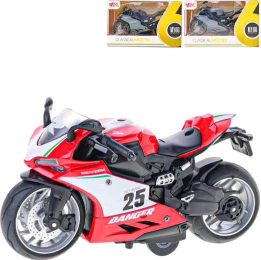 Kovový závodní motocykl 14 cm 1:12 se zpětným chodem v krabičce - 1 kus